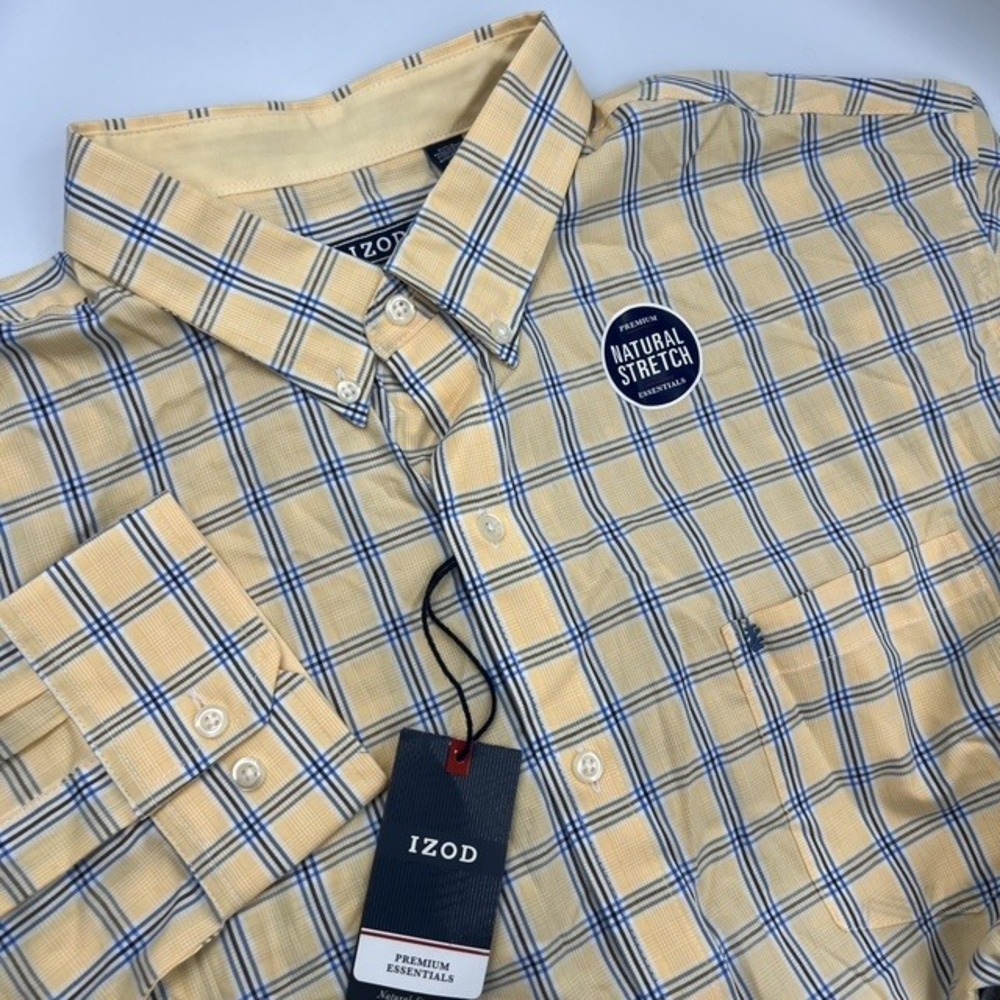 NWT IZOD Mens Premium Essentials Yeloow and Blue Plaid Button Down Shirt Size XL